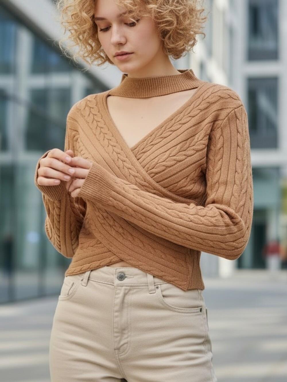 Poof Apparel Cable Knit Wrap Sweater Camel Women's Sz M Choker Neckline Soft